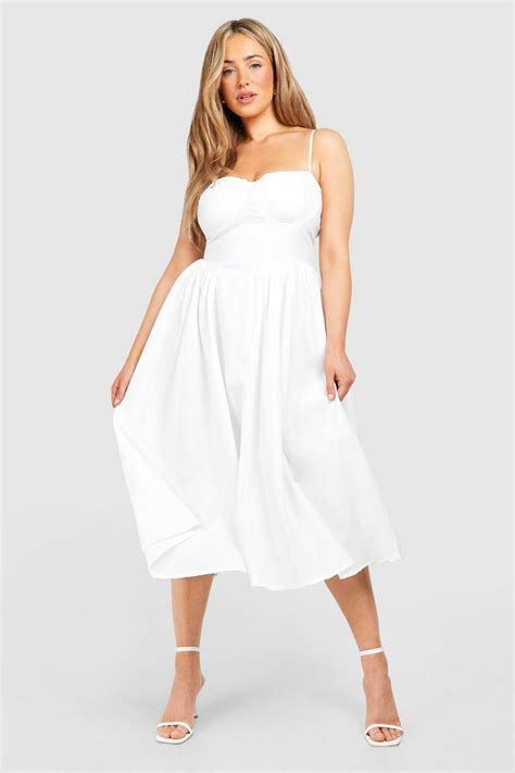 Plus Linen Milkmaid Midi Dress Boohoo Uk