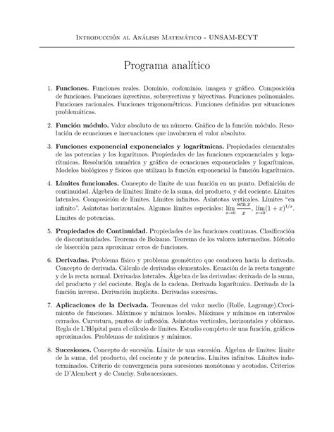 Programa Introducción al Análisis Matemático UNSAM ECYT Programa