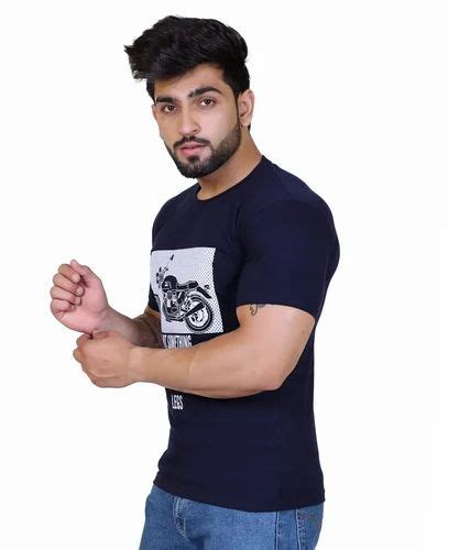 Cotton Navy Blue Casual Wear Half Sleeves T Shirt Size Medium At Rs