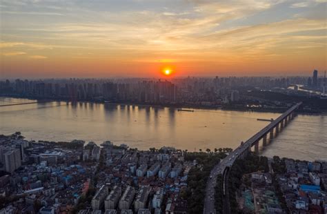 Wuhan City Sunset Building Complex Yangtze River Aerial Photography