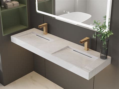 Doppio Lavabo Sospeso 140 Cm In Solid Surface Effetto Marmo Bianco KODIAK