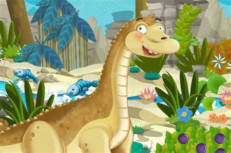 Cartoon Scene Dinosaur Diplodocus Apatosaurus Jungle Nature Background