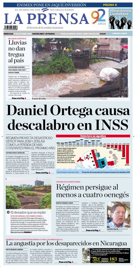 Portada Miércoles 17 De Octubre La Prensa Nicaragua Alnavío