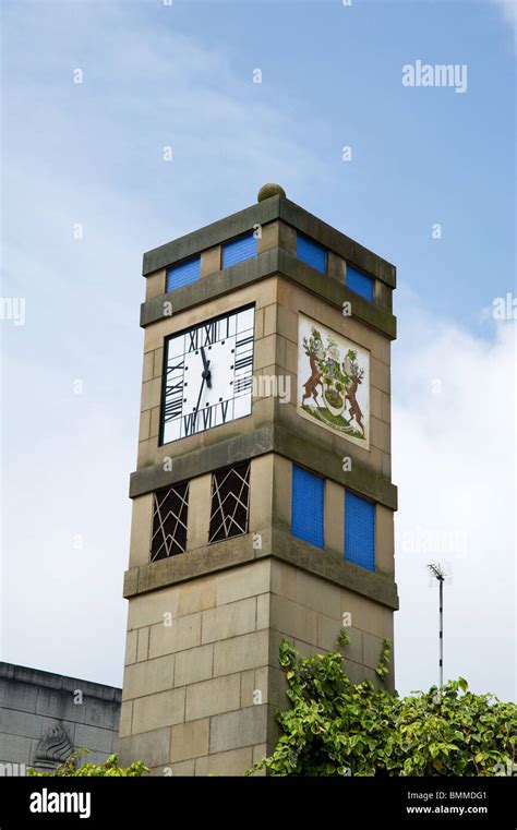 Clock Tower With Derbys Coat Of Arms Stock Photo Alamy