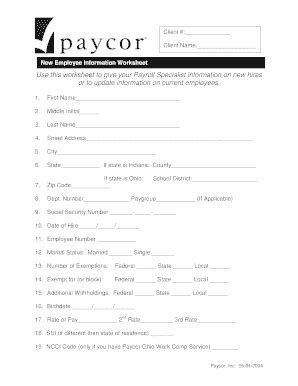 Paycor Employee Information Worksheet Fill And Sign