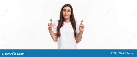 Waist Up Portrait Of Hopeful Pretty Brunette Female Anticipating Miracle Biting Lip Tempting