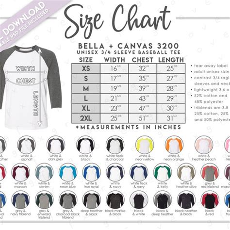 Semi Editable Bella Canvas 3001T Size Color Chart Bella Etsy