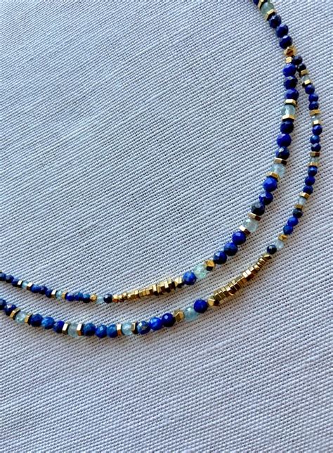 Collier Pierres Naturelles Lapis Lazuli Et Aigue Marine Collier Ras De