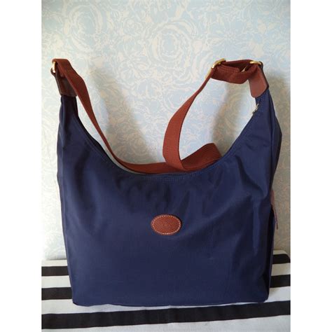 Longchamp Besace Toile Et Cuir Bleu Marine Ref Joli Closet