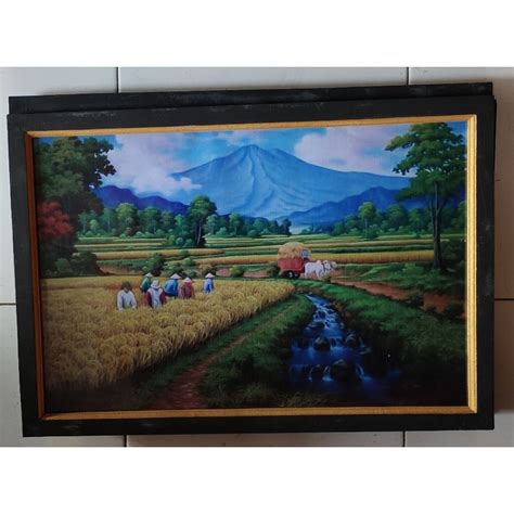 Jual Hiasan Dinding Lukisan Cetak Pemandangan Sawah Dan Gunung Plus