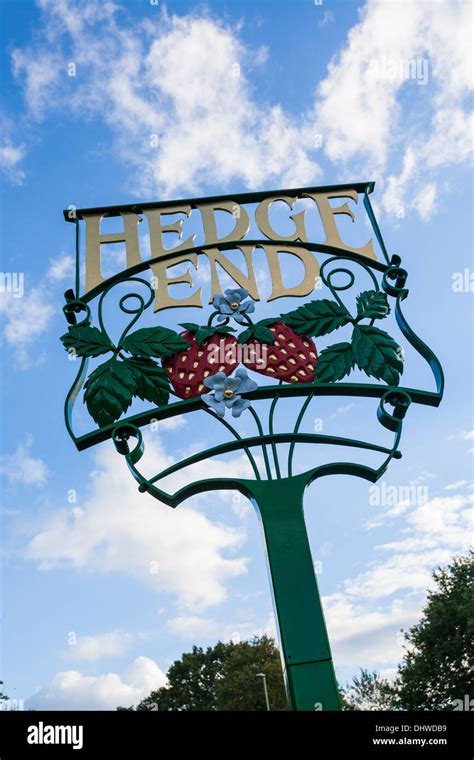 Ornate sign at entrance to Hedge End village near Southampton Stock ...