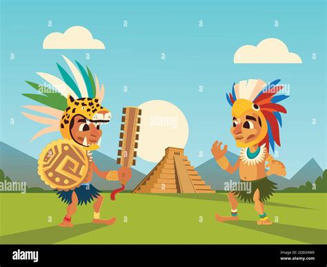 Aztec Warriors In Headgear Shield And Pyramid Landscape Vector