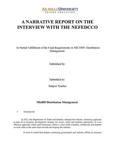 Mk T009 Narrative Report A Narrative Report On The Interview With