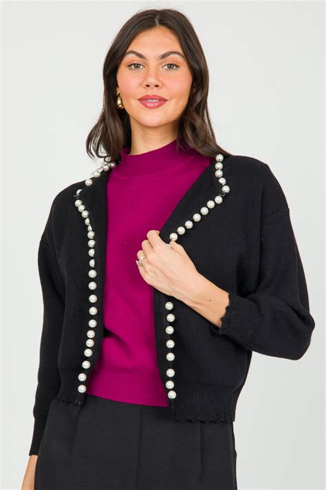 Pearl Trim Cardigan Black New Arrivals The Blue Door Boutique