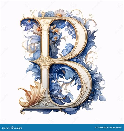 Luxury Floral Capital Letter B With Blue Flowers And Leaves Stock