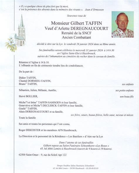 Avis de décès Monsieur Gilbert TAFFIN Pompes Funèbres Schoonheere