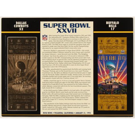 Commemorative Super Bowl XXVII 9x12 Score Card Display With Gold Ticket