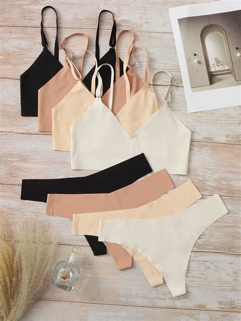 Multicolor Simple Plain Embellished Slight Stretch Women Intimates Bra And Underwear Sets