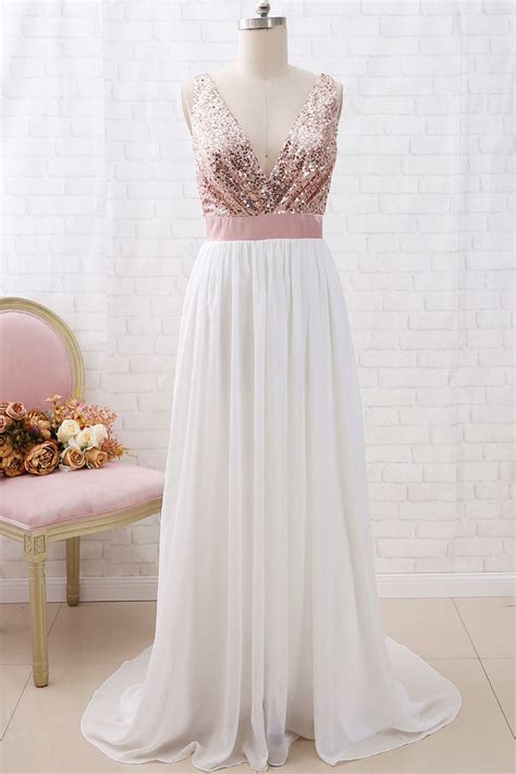 Macloth Straps V Neck Sequin Chiffon Long Prom Dress Rose Gold Formal