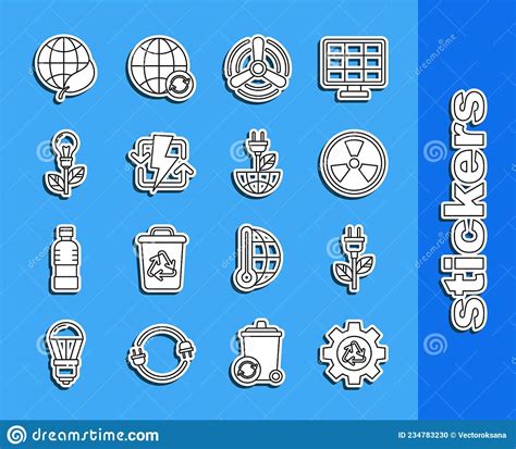 Set Line Recycle Symbol And Gear Electric Saving Plug In Leaf