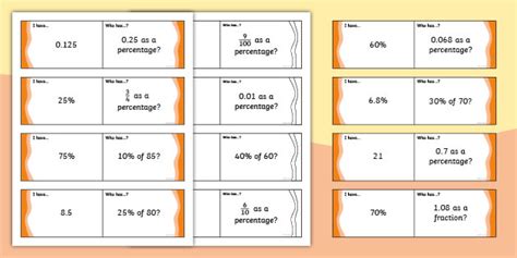 Fractions Decimals And Percentages I Have Who Has Game