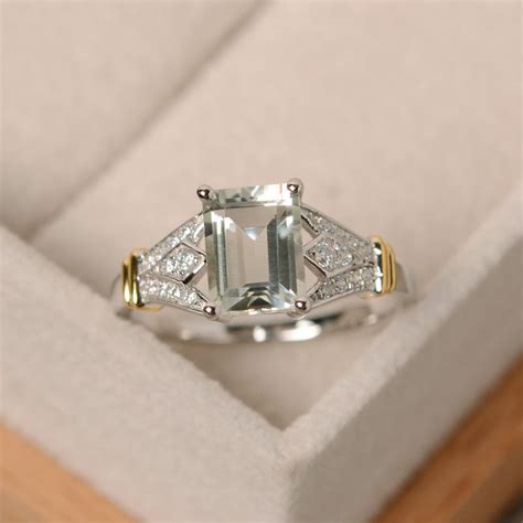 Green Amethyst Ring Emerald Cut Quartz Yellow Gold Gemstone