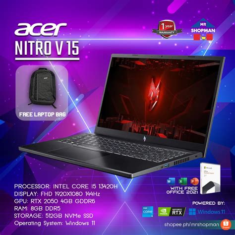 Acer Nitro V Anv15 51 519k I5 13420h 156 Fhd 144hz 8gb Ddr5 Rtx2050 512gb Gaming