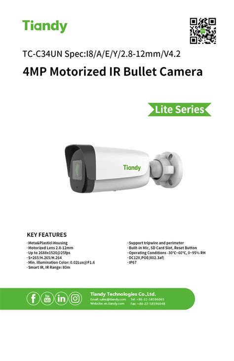 Tiandy Night Mp Motorized Ir Bullet Camera Tc C Un Spec I A E Y