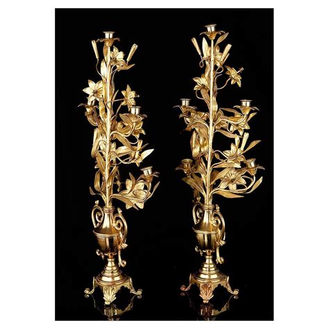 Pareja De Candelabros De Iglesia Franceses En Bronce Dorado 72 Cms