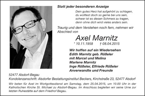 Traueranzeigen Von Axel Marnitz Aachen Gedenkt