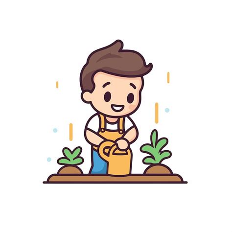 Un niño lindo regando las plantas en el jardín Ilustración vectorial