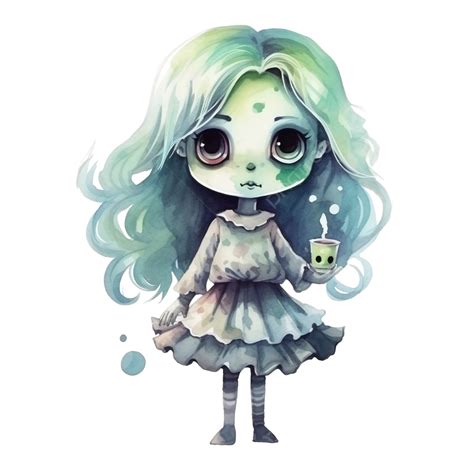 Cute Character Zombie Ghost Girl Watercolor Illustration For Halloween