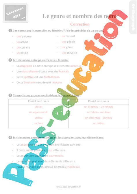 Le Genre Et Le Nombre Des Noms Au Cm1 Exercices Révisions Pdf à Imprimer