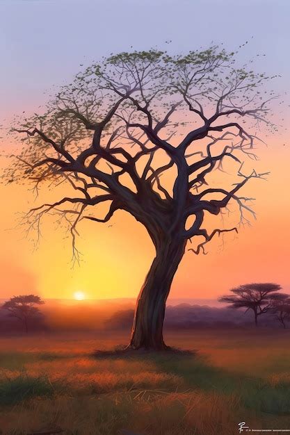 Premium AI Image | A painting of a tree with the sun setting behind it