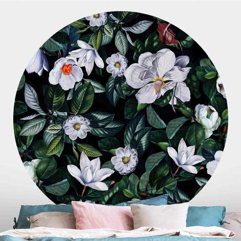 Papier Peint Rond Autocollant Tropical Night With White Flowers Cm