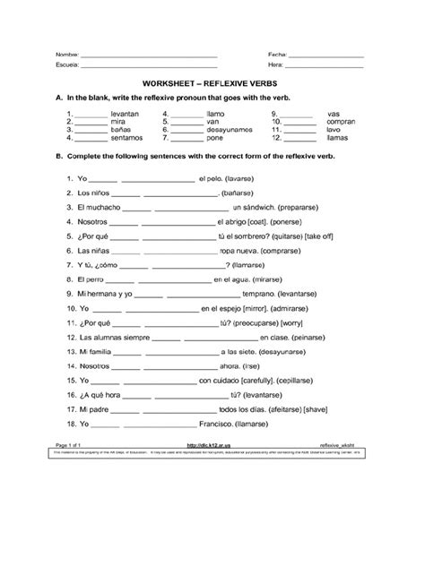 Spanish Reflexive Verbs Worksheet Pdf