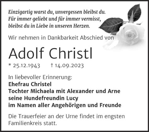 Traueranzeigen Von Adolf Christl Abschied Nehmen De