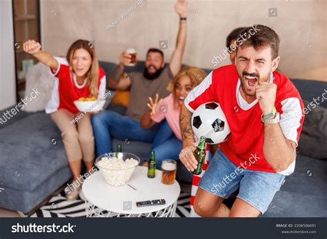 Group Cheerful Football Fans Having Fun Stock Photo 2206506691