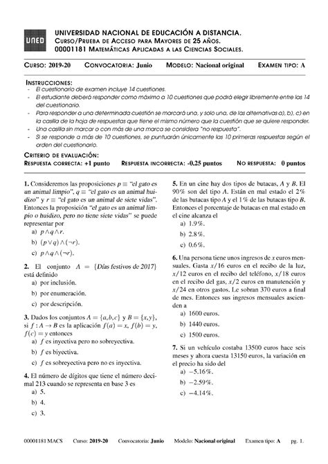 Examen Matematicas Aplicadas Ciencias Sociales UNED 2020 Junio