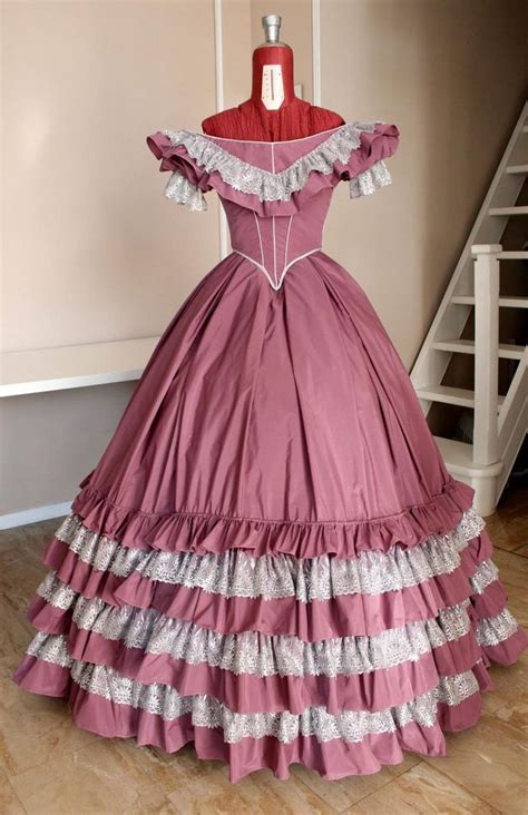 Victorian Ball Gown In Mauve Taffeta And Silver Lace 1860 Ball Gown