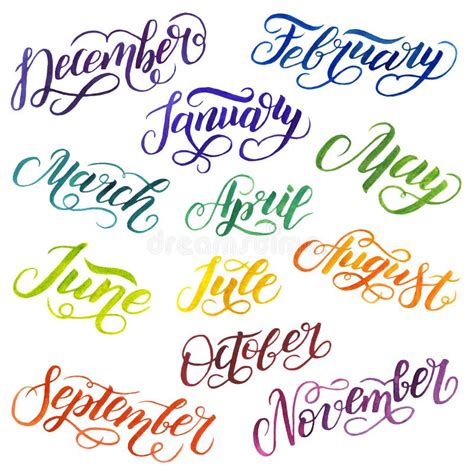 Watercolor Calligraphy Of The Names Of The Months On White Background