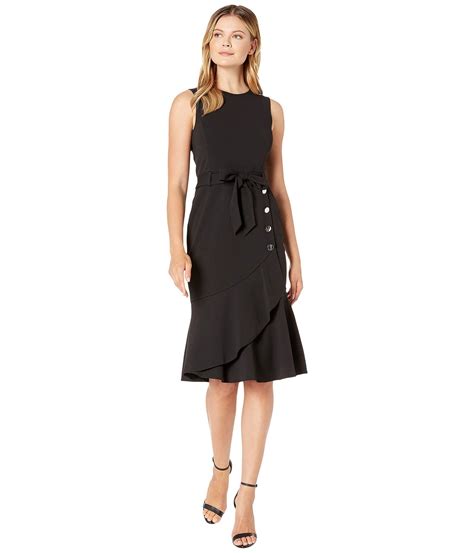 Calvin Klein Synthetic Tie Front Dress With Flare And Buttons In Black