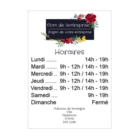 Affiche Commerce Restaurant Horaire Fleur Blanc Imprimer Carte