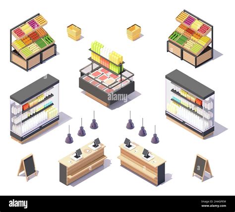 Vector Isometric Supermarket Grocery Fruits And Vegetables Showcase