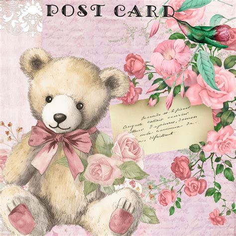 Teddy Bear Vintage Floral Post Card Free Stock Photo Public Domain