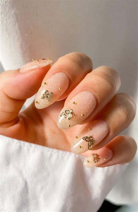 40 Best Wedding Nails 2022 Gold Butterfly Nude Nails