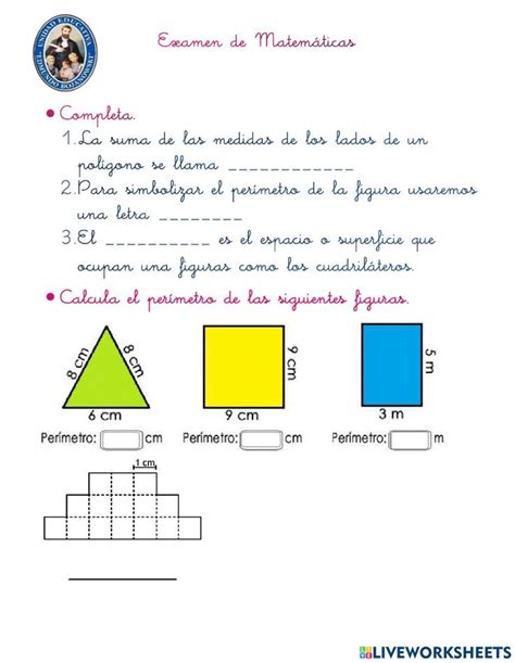 Area y perimetro evaluacion worksheet Exámen de matemáticas Área y