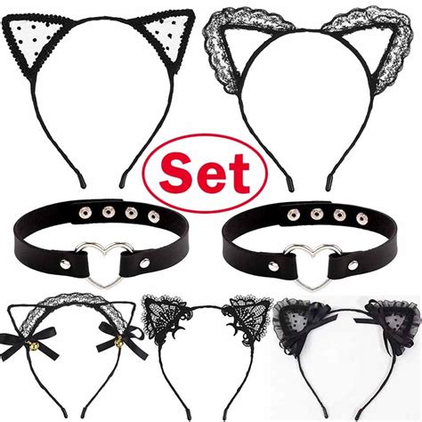 Sexy Cat Ears Headband Necklace Bear Ears Bowknot Hairband Black Lace Choker Women Cosplay Party