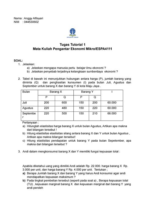 Tugas 1 Ekonomi Mikro Anggy A Nama Anggy Alfisyari NIM 044530602