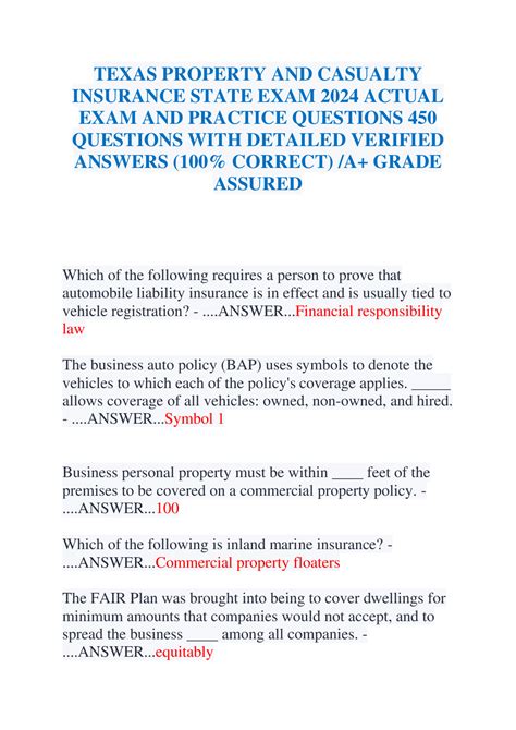 Texas Property And Casualty License Exam Questions And Correct Answers Verified Answers 2024